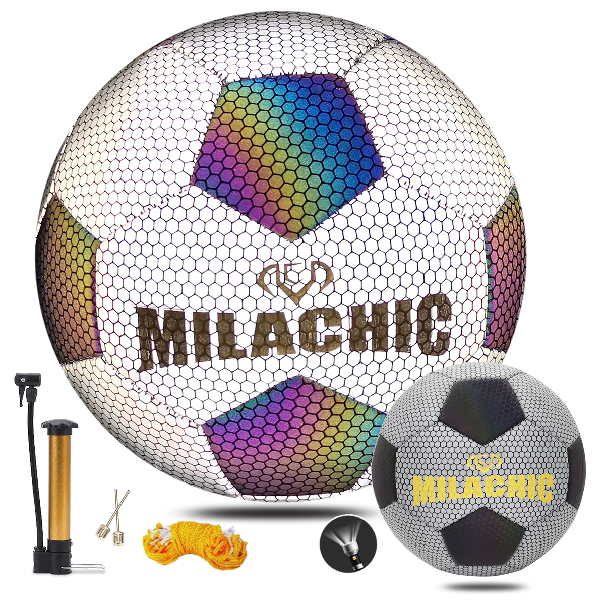 Milachic Reflective Black and White Soccer Ball for Indoor Outdoor Training and Night Games