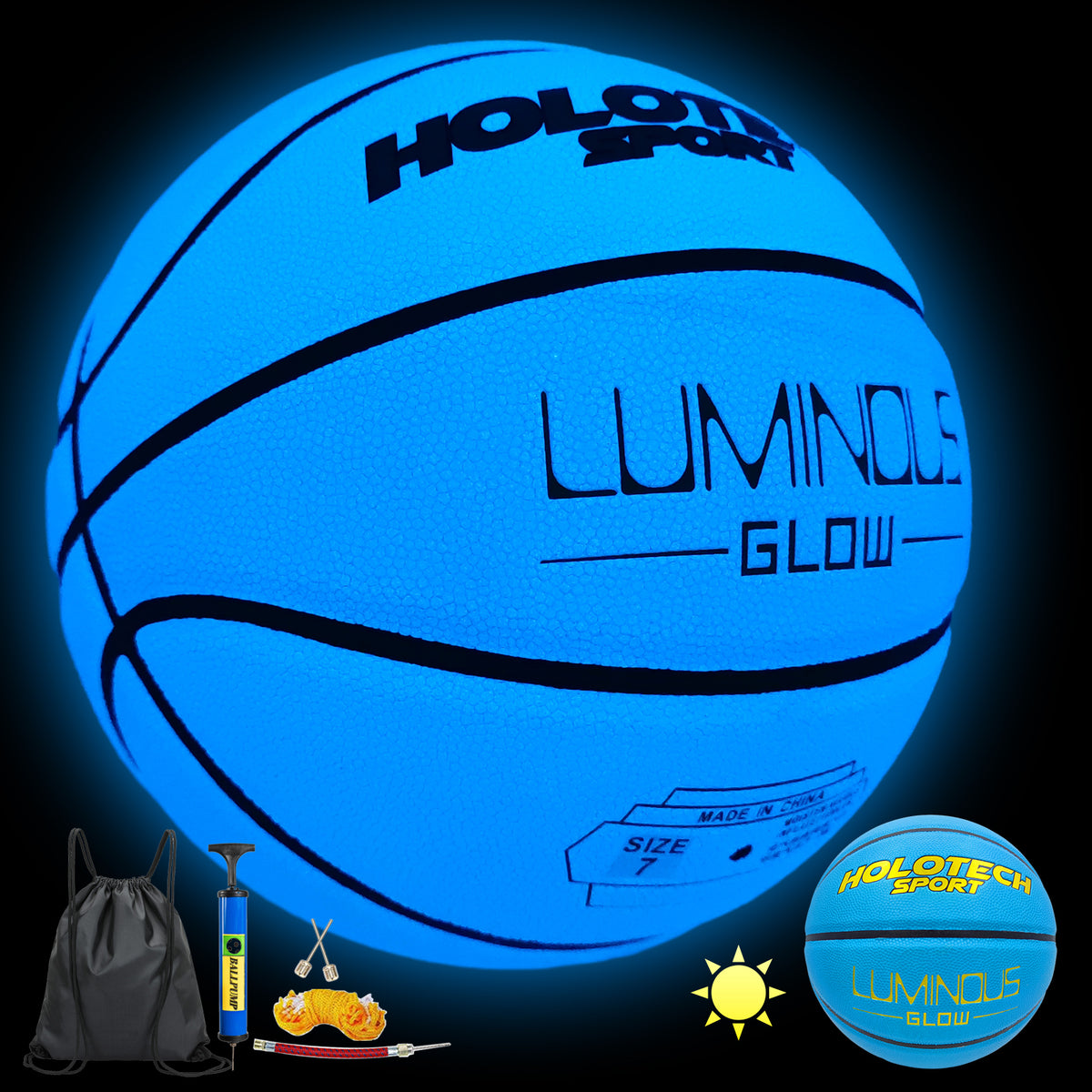 Blue Basketball Glow in The Dark, Cool Glowing Indoor Outdoor Luminous Leather Basketball Size 5, Size 6, Size 7 for Youth, Women, Men (with Pump)