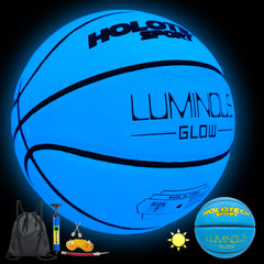 Blue Basketball Glow in The Dark, Cool Glowing Indoor Outdoor Luminous Leather Basketball Size 5, Size 6, Size 7 for Youth, Women, Men (with Pump)