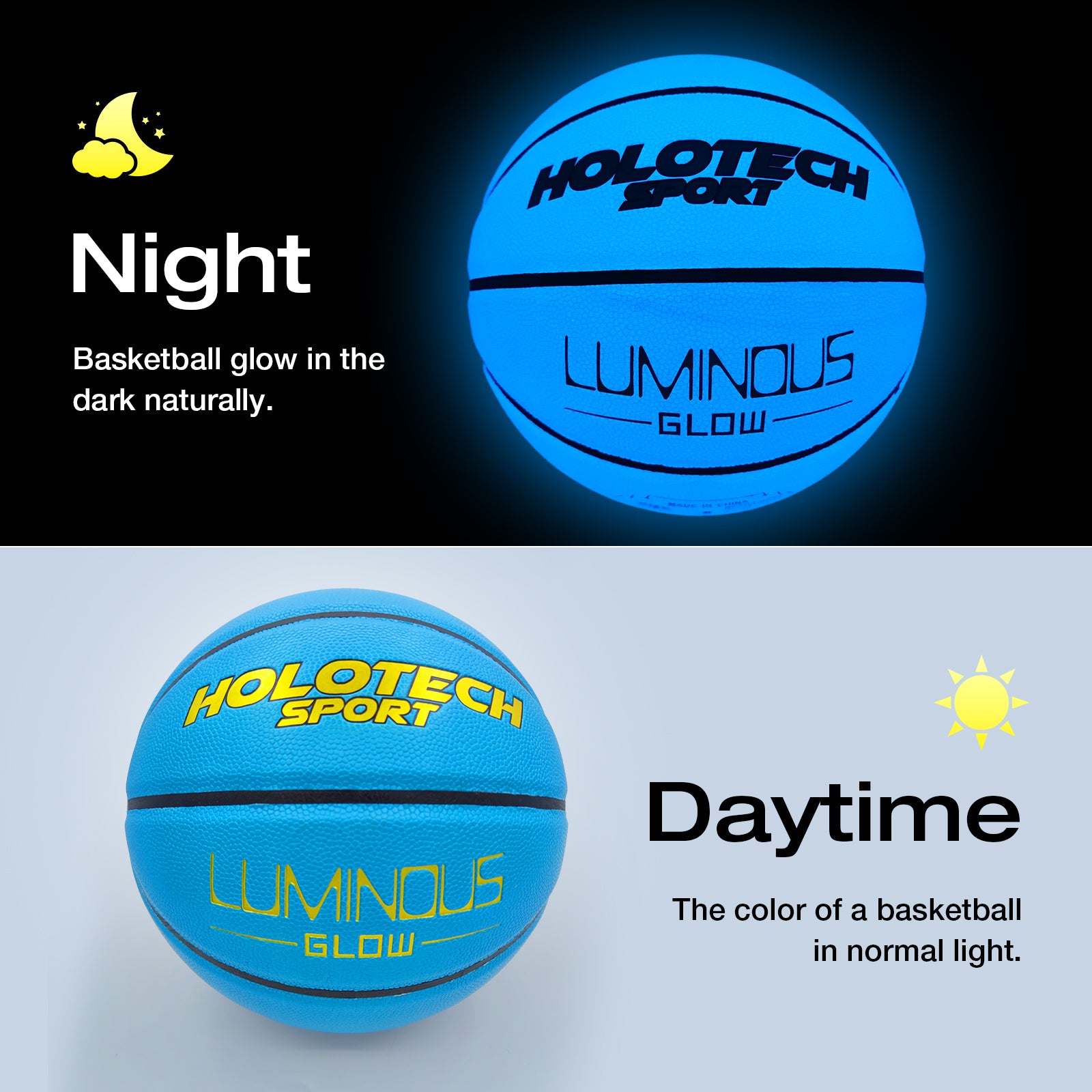 Blue Basketball Glow in The Dark, Cool Glowing Indoor Outdoor Luminous Leather Basketball Size 5, Size 6, Size 7 for Youth, Women, Men (with Pump)