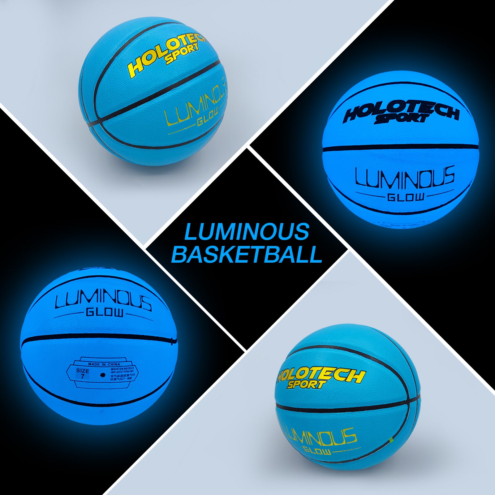 Blue Basketball Glow in The Dark, Cool Glowing Indoor Outdoor Luminous Leather Basketball Size 5, Size 6, Size 7 for Youth, Women, Men (with Pump)