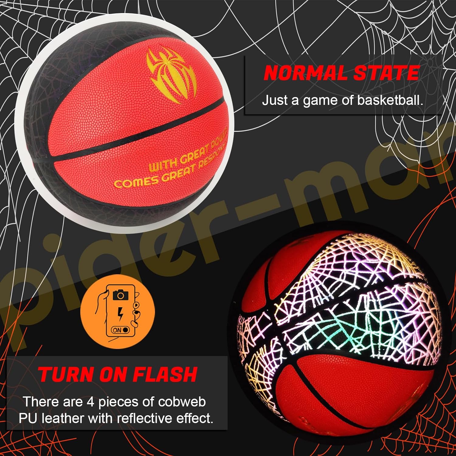 Holographic Reflective Glowing Basketball Spider Web Red Size 7/29.5" with Pump for Men Women