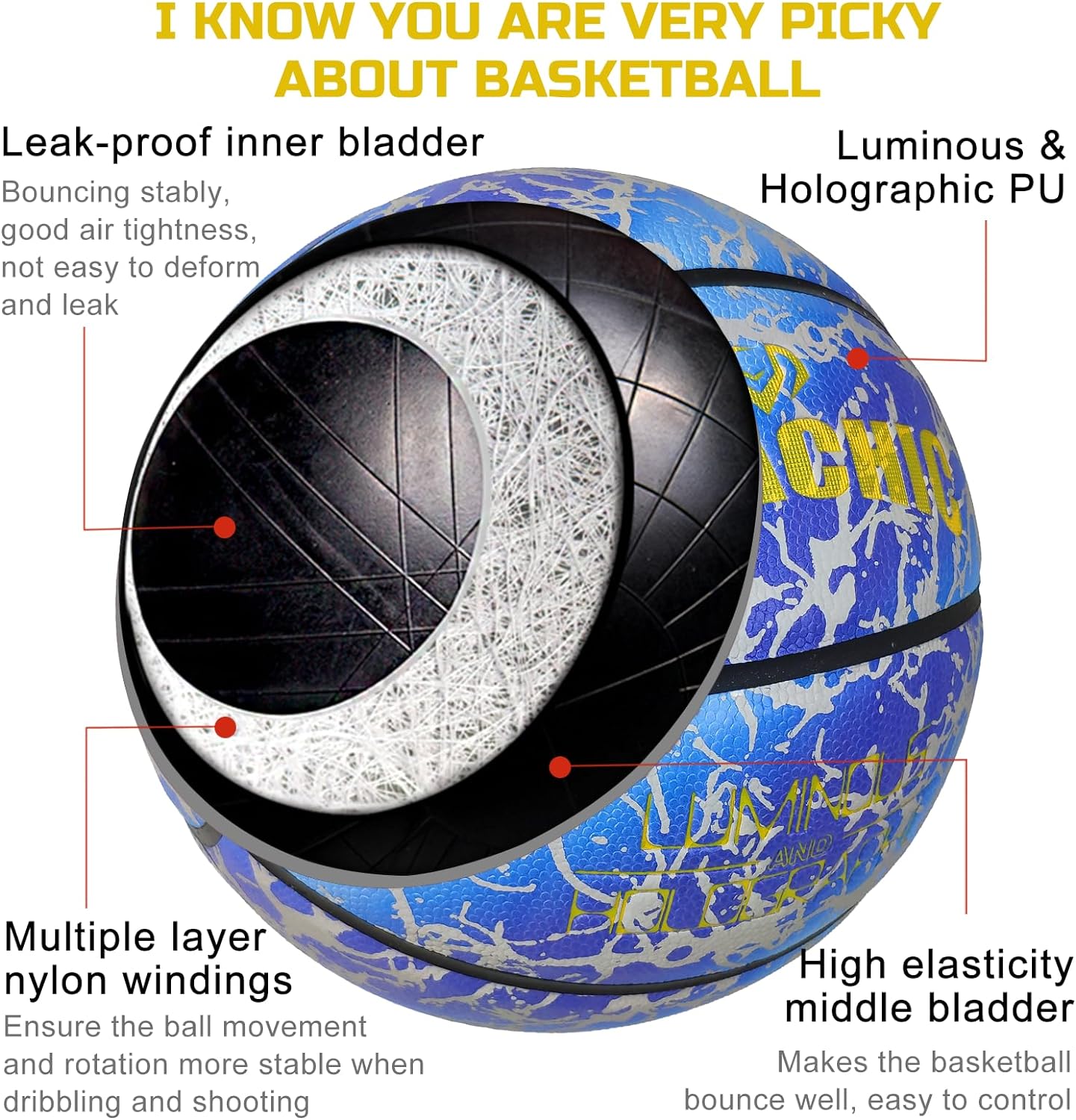 Luminous Holographic Basketball-Official Size 7 with Pump